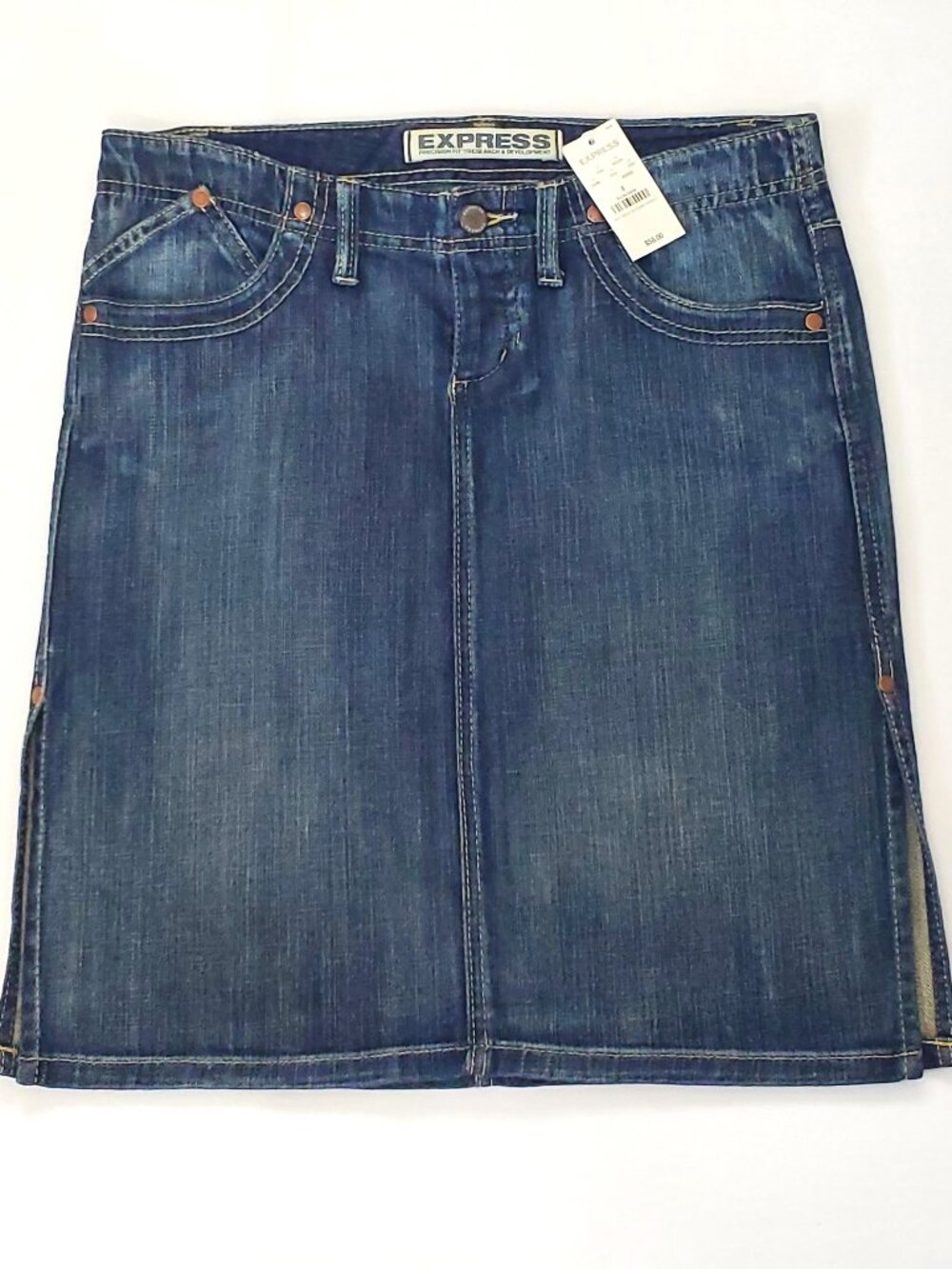 NWT Express Denim Midi Skirt Side Slits Precision Fit Pencil Jean Skirt Size 8